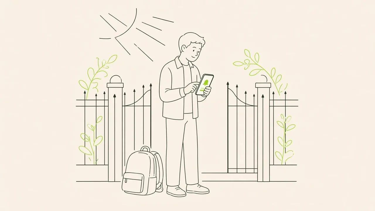 Parent devant le portail de l’école, téléphone à la main avec un rappel de café des parents.