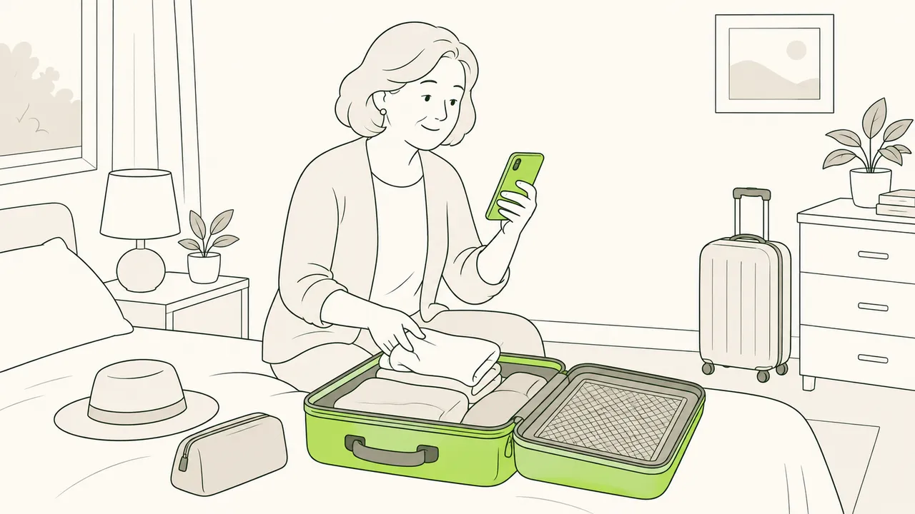 Assise sur son lit à côté de sa valise ouverte, une femme vérifie sur son téléphone les informations du voyage.