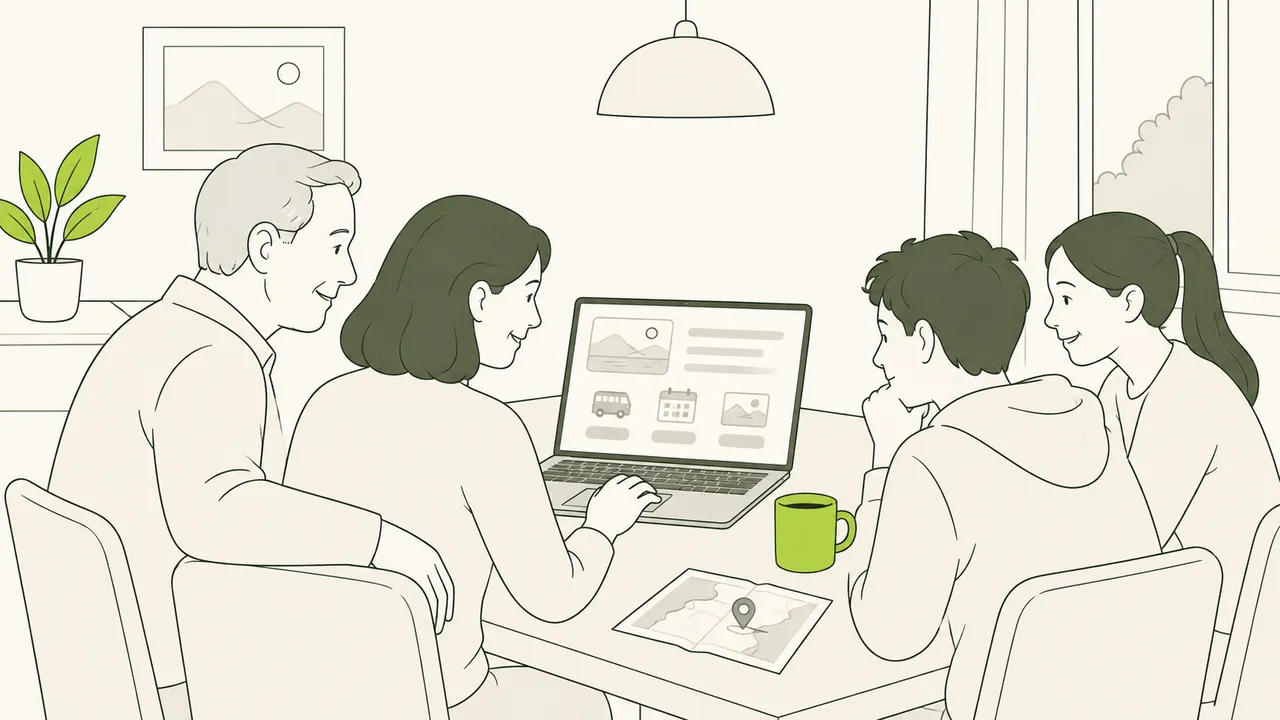 Autour de la table familiale, parents et adolescents inscrivent ensemble toute la famille au voyage sur un ordinateur portable.