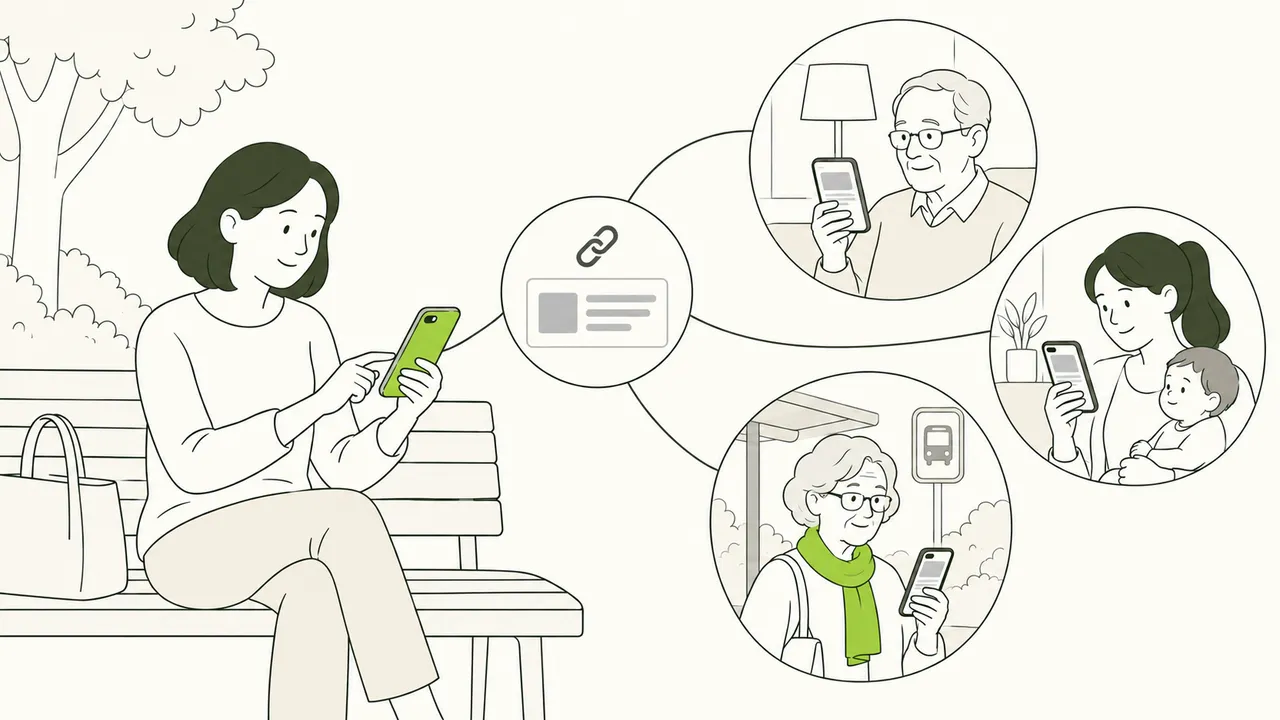 Assise sur un banc, une femme partage un lien depuis son téléphone ; trois personnes l’ouvrent, chez elles ou à l’arrêt de bus.