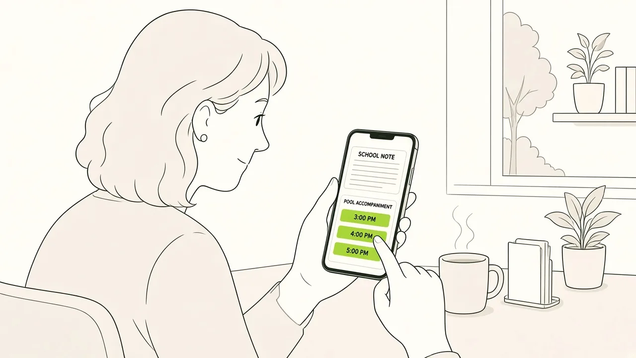 Parent à la table de cuisine qui lit le mot de l’école sur son téléphone et choisit un créneau d’accompagnement piscine.