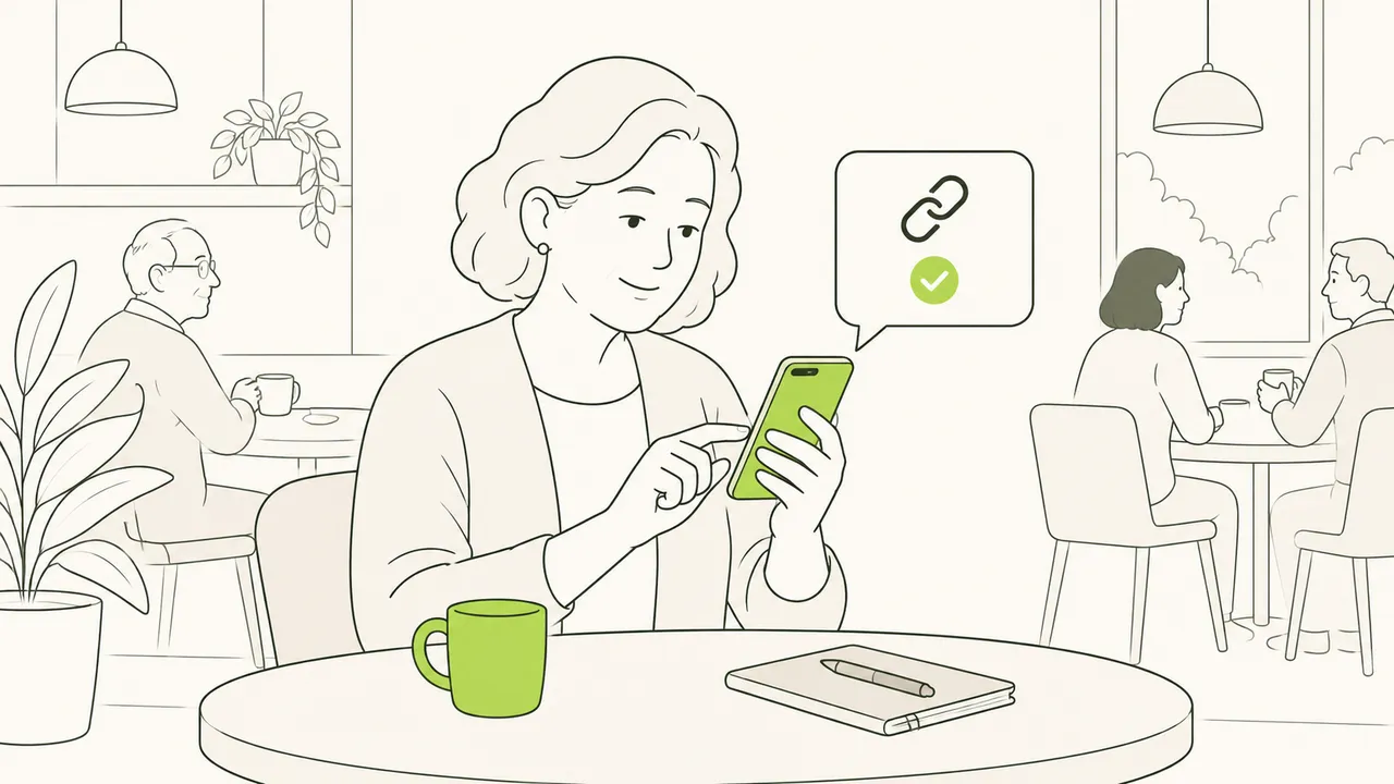 Dans un café, une femme copie le lien de son activité sur son téléphone ; une coche confirme la copie.