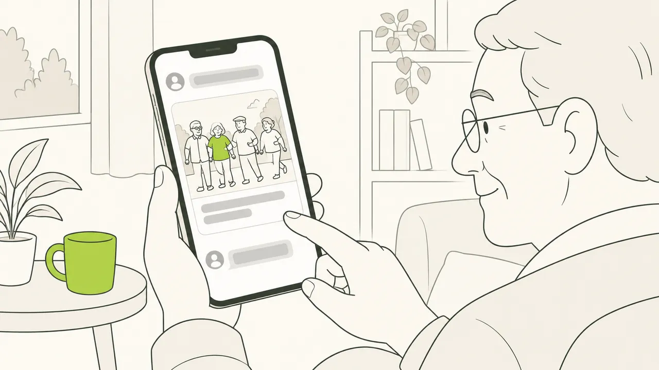 Un homme âgé regarde sur son téléphone un lien reçu dans une conversation : l’aperçu montre une photo de groupe.