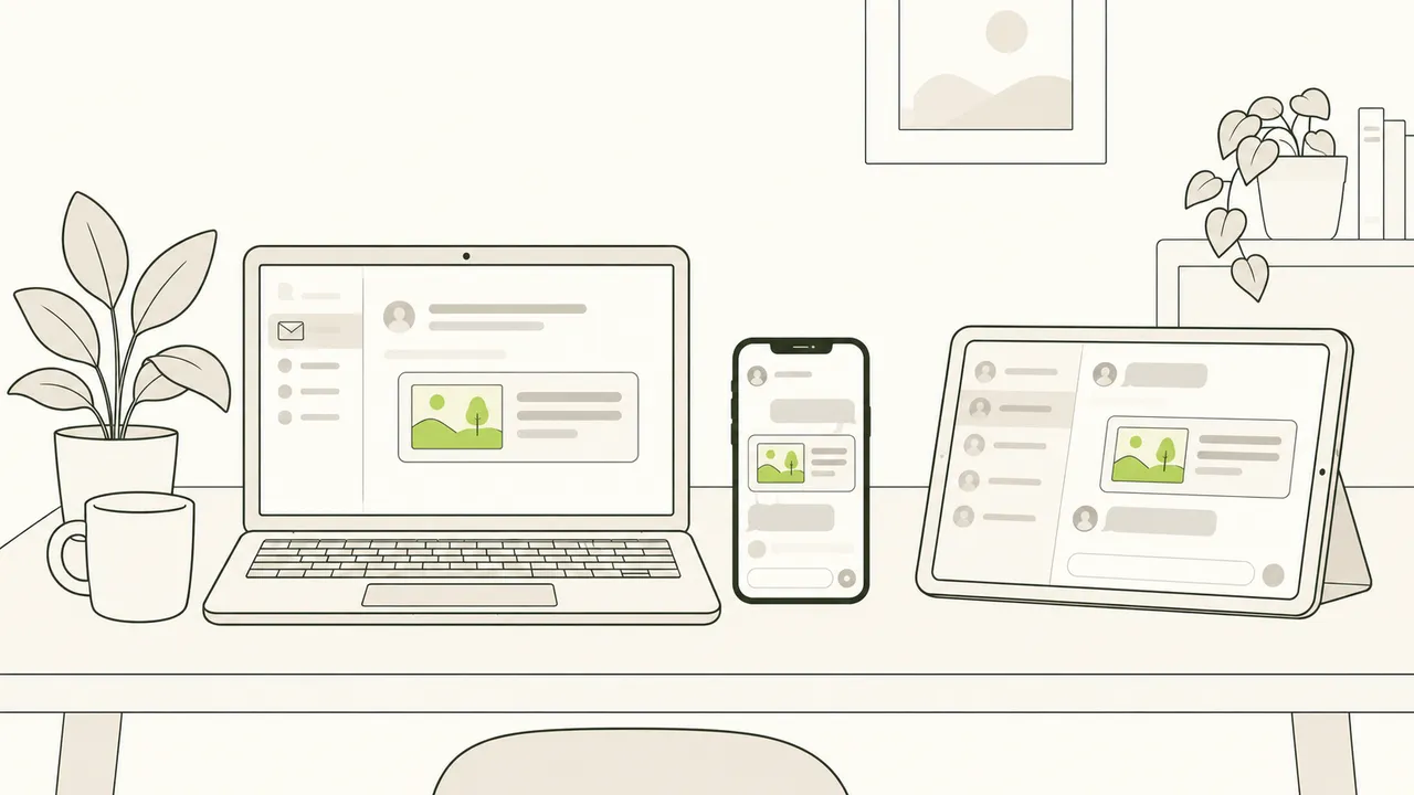 Le même lien affiché sur trois écrans posés sur une table : un e-mail sur l’ordinateur, un SMS sur le téléphone, une conversation de groupe sur la tablette.