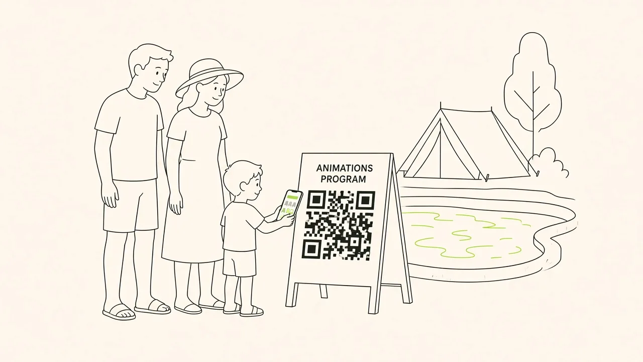 Famille au bord de la piscine d’un camping qui scanne le QR code du programme d’animations.
