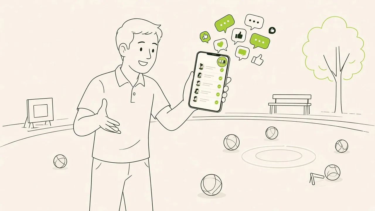 Animateur sur un terrain de pétanque, téléphone à la main, qui appelle les équipes inscrites.