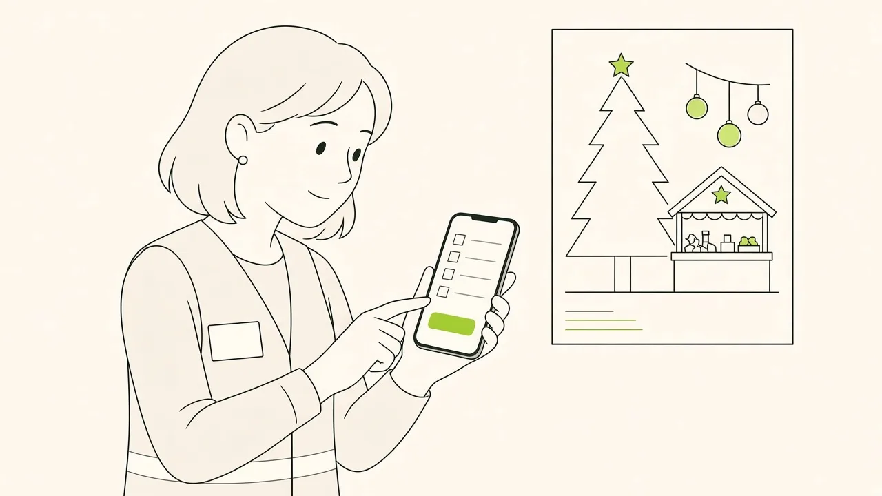Bénévole sur son téléphone devant une affiche de marché de Noël, en train de cocher un créneau libre.