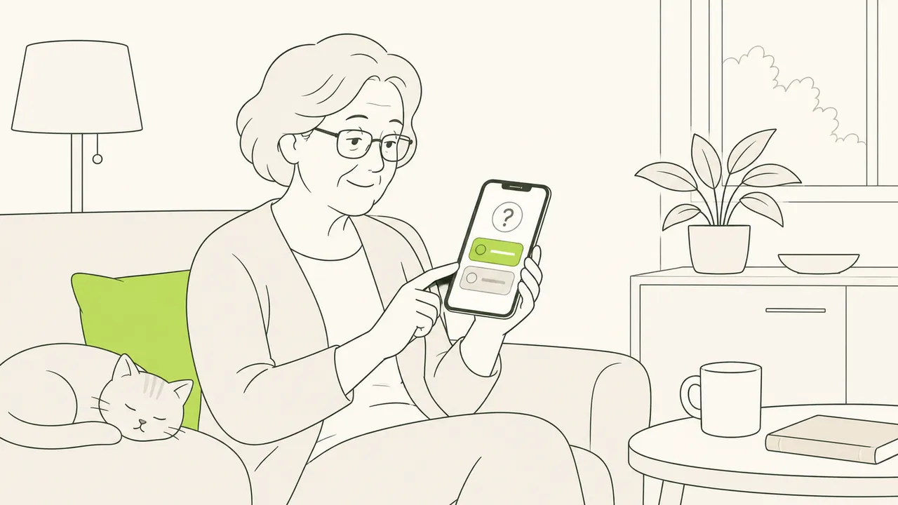 Dans son salon, une femme âgée répond sur son téléphone à une question posée à l’inscription, son chat endormi à côté d’elle.