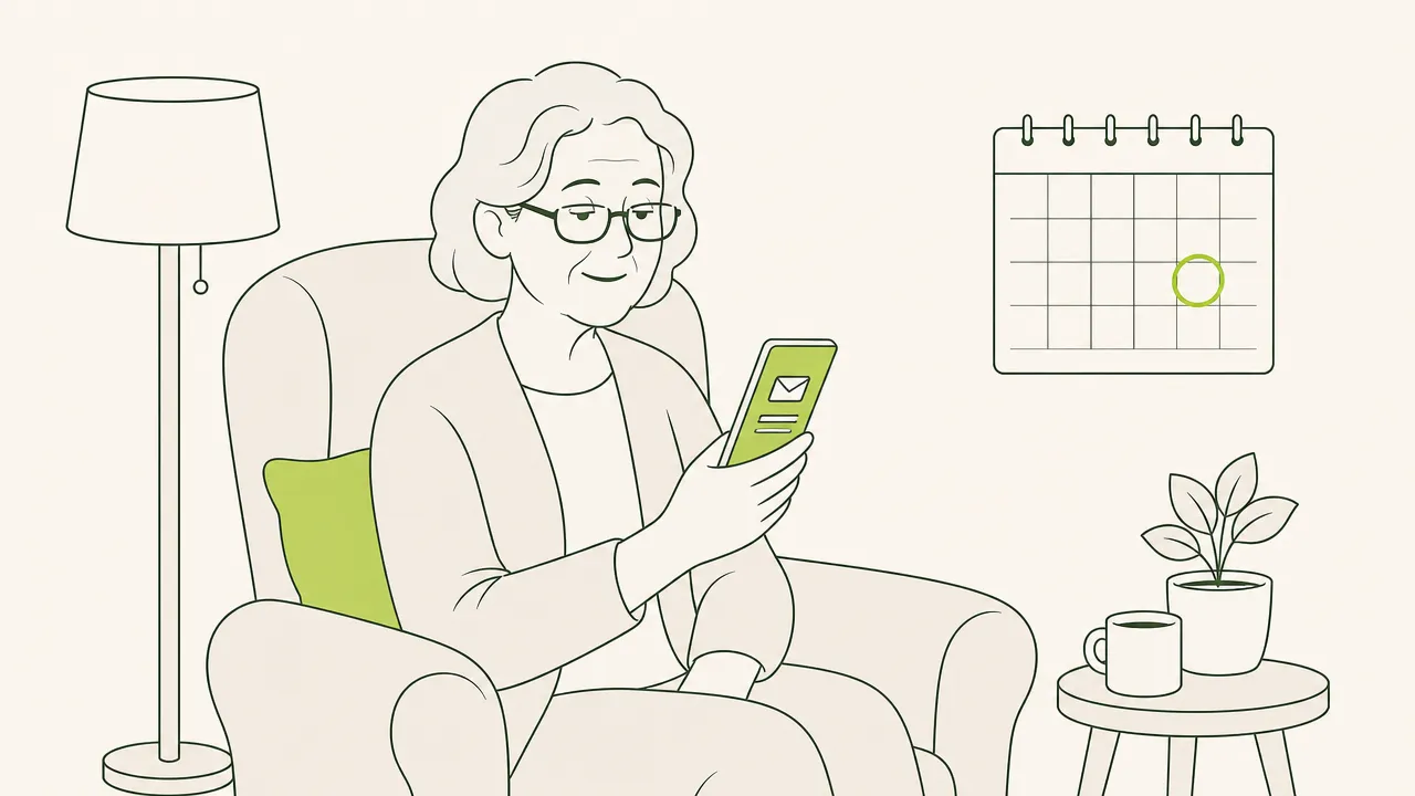 Le soir, dans son fauteuil, une femme âgée lit sur son téléphone le rappel de sa séance du lendemain.