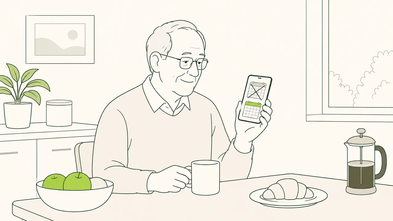 Au petit-déjeuner, un homme âgé lit sur son téléphone le message qui annonce la nouvelle date de sa séance.