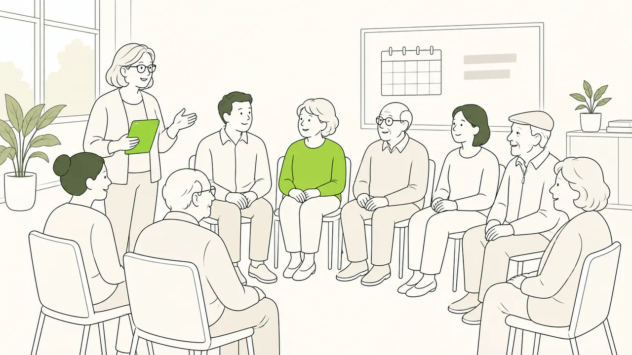 À la nouvelle date, tous les participants sont réunis dans la salle et écoutent l’animatrice ; aucune chaise n’est vide.
