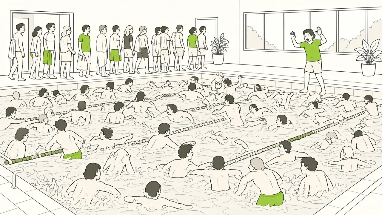 Piscine trop pleine : trop de nageurs, moniteur qui fait signe d’arrêter, file à la porte.
