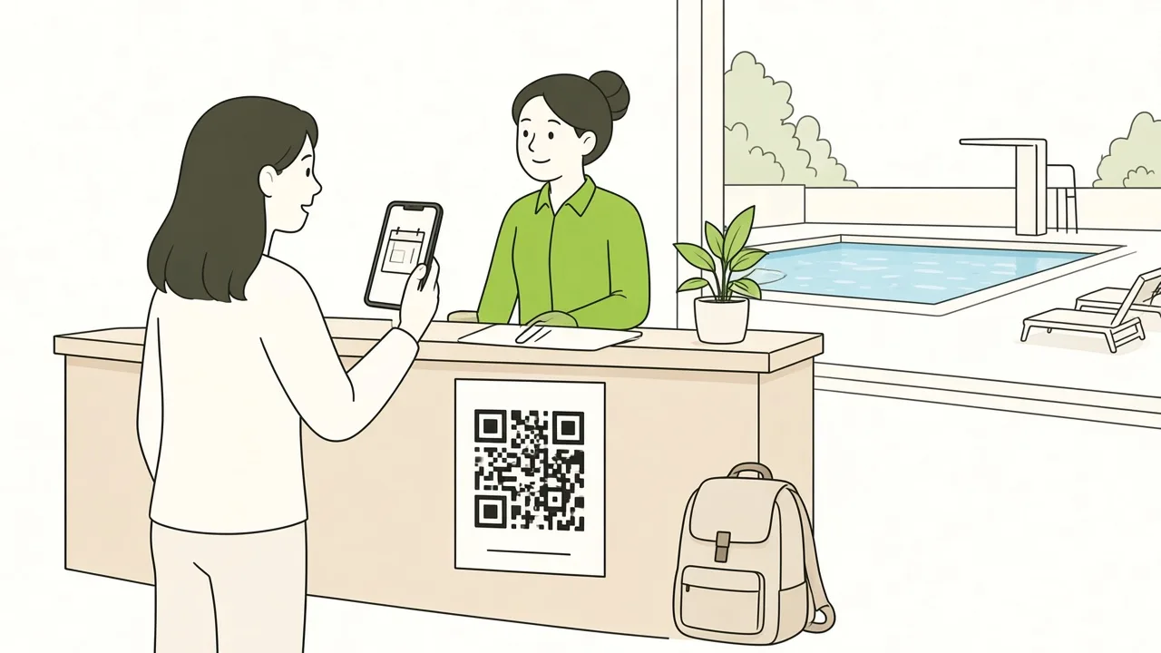 À la réception d’un camping, un vacancier scanne le QR code pour réserver l’aquagym.