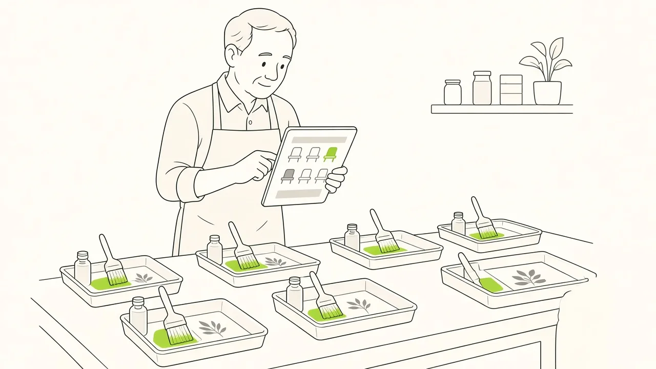 Atelier de cyanotype : six postes préparés sur une table, l’artisane compte les places restantes sur sa tablette.