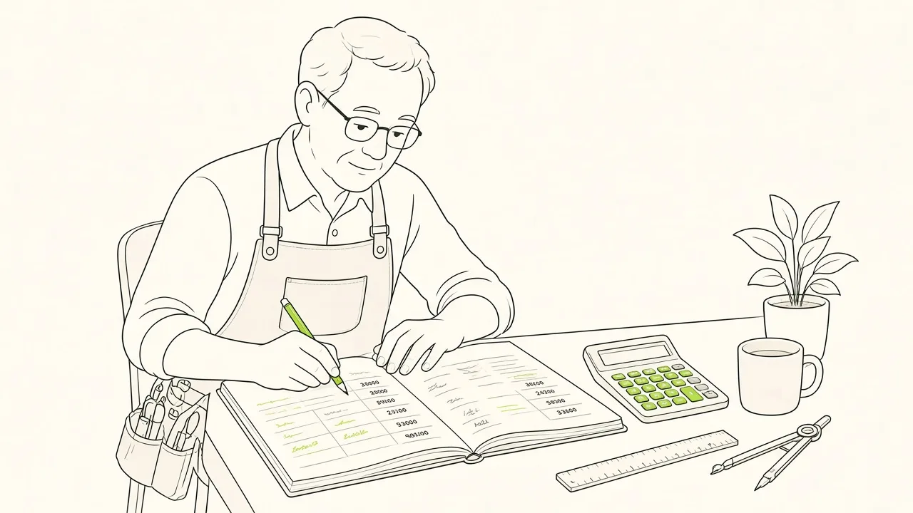 Artisane à son bureau qui compare sur un carnet les tarifs de plusieurs outils de réservation, calculatrice à côté.