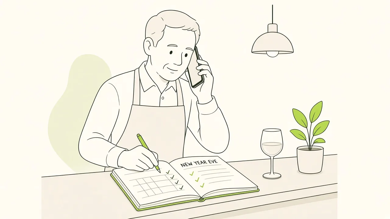 Restaurateur au comptoir, cahier de réservations ouvert et téléphone à l’oreille, qui note une tablée pour le réveillon.