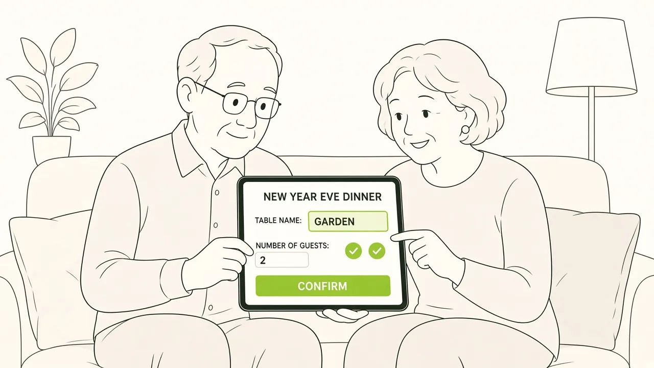 Couple à la maison qui réserve le réveillon sur une tablette, en indiquant le nom de leur tablée et le nombre de convives.