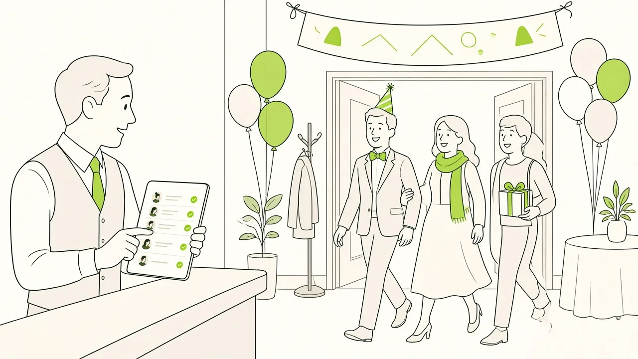 À l’entrée de la salle des fêtes, l’organisatrice coche les arrivées sur sa tablette pendant qu’une tablée de convives se présente.