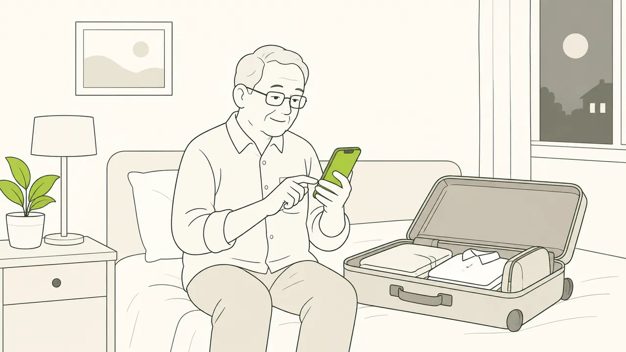 Le soir, assis près de sa valise, un homme âgé répond sur son téléphone aux questions envoyées avant le départ.