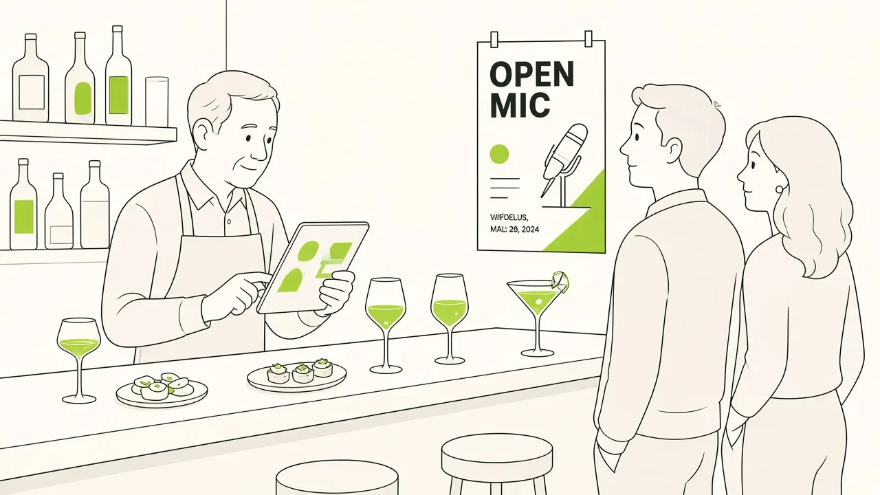 Bar à l’heure de l’apéritif : des clients regardent l’affiche de la scène ouverte pendant que l’organisateur tient sa tablette.