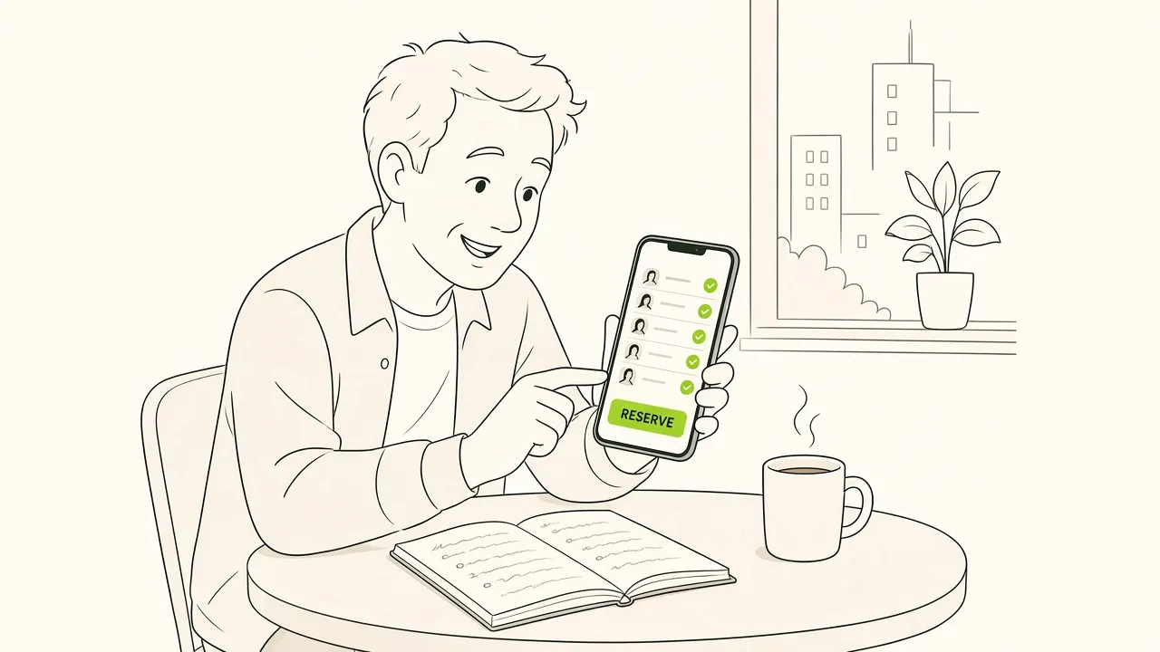 Humoriste dans un café qui réserve son passage de scène ouverte sur son téléphone, carnet de blagues à côté.