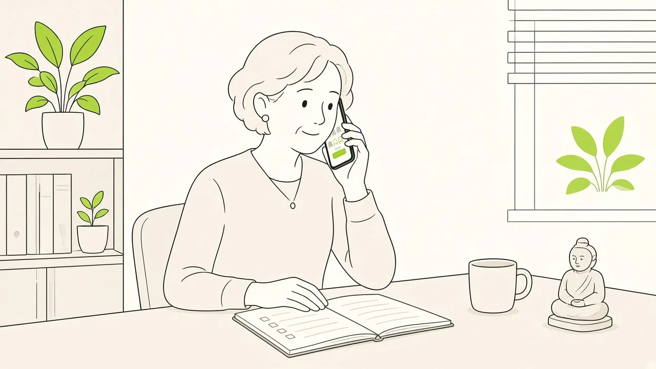 Sophrologue au téléphone entre deux séances, carnet d’inscriptions ouvert sur le bureau.