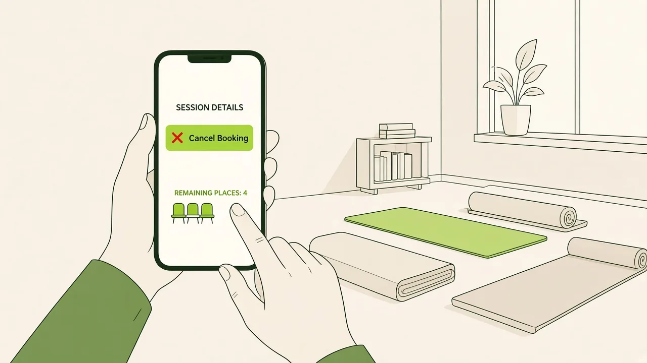 Participant qui annule depuis son téléphone ; la place revient au compteur de la séance de sophrologie.