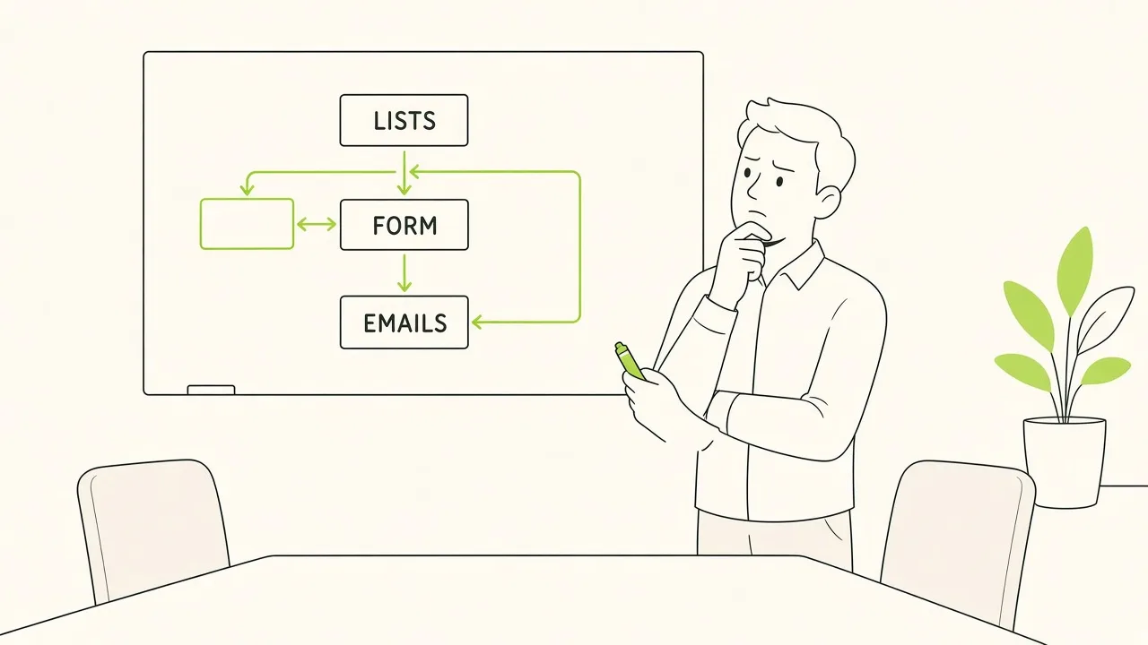 Un schéma de flux Power Automate sur un tableau blanc : listes, formulaire, e-mails — un collègue semble perdu.