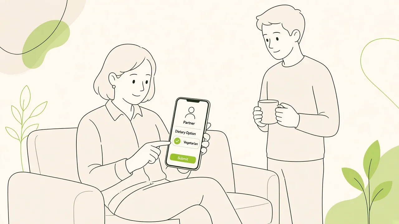 Salarié sur le canapé qui inscrit son conjoint et choisit le régime alimentaire sur son téléphone.