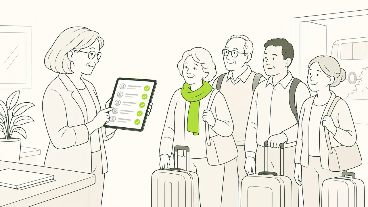 Au départ, l’organisatrice pointe sur sa tablette la liste des voyageurs, qui se présentent avec leurs valises.