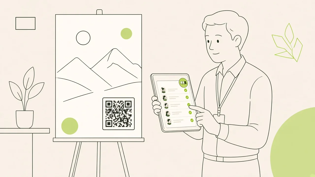 Affiche de saison d’un office de tourisme avec QR code ; guide conférencier partenaire qui montre sa propre page.