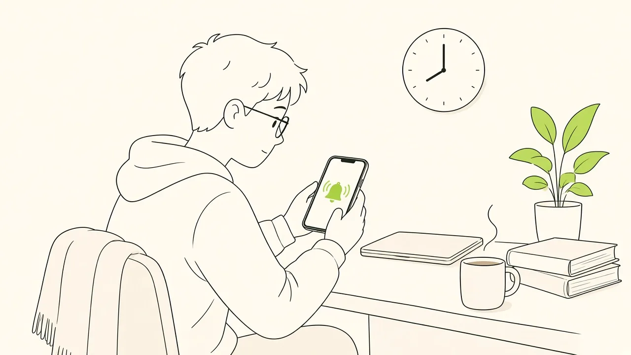 Un élève regarde son téléphone qui affiche un rappel de cours, tandis qu’une horloge murale indique bientôt l’heure de la séance.