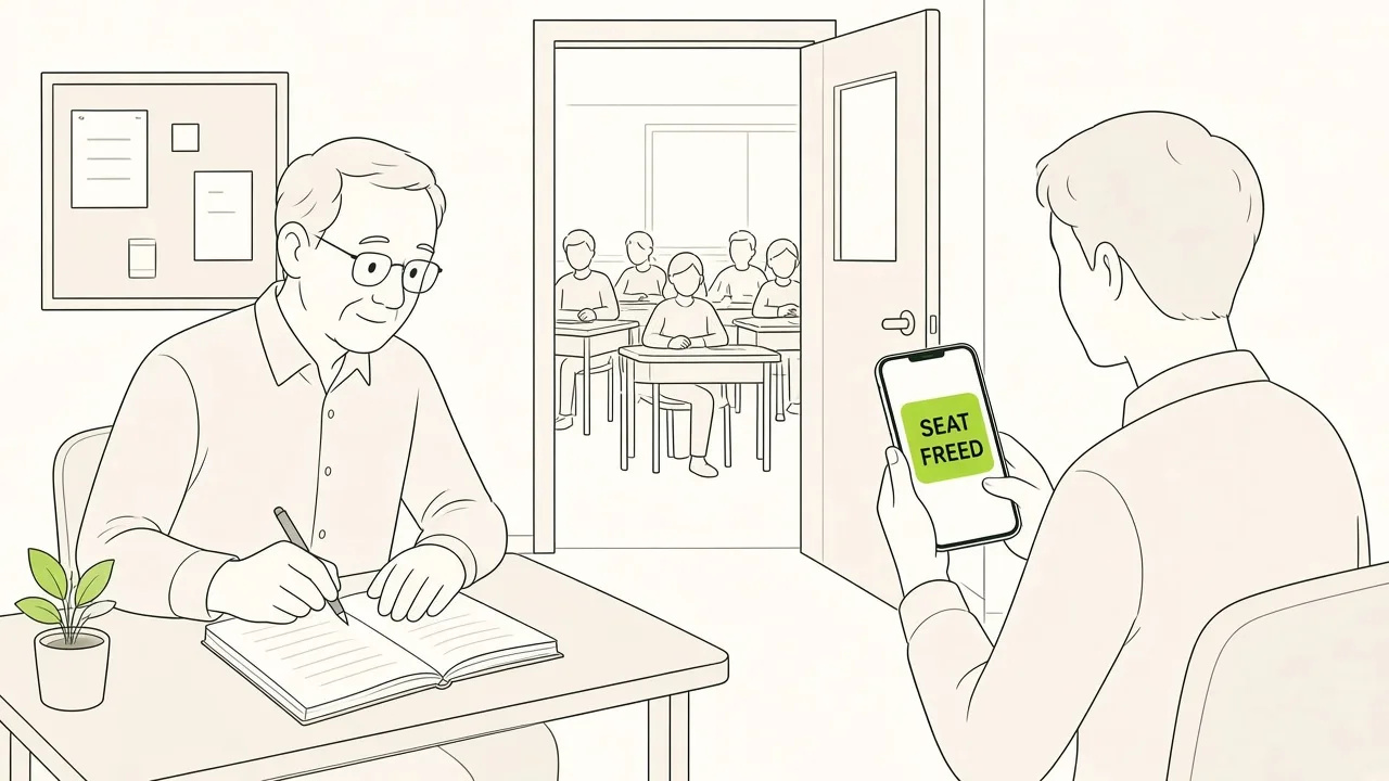 Devant une salle pleine, l’organisateur écrit un nom sur un carnet tandis qu’un autre téléphone reçoit une alerte de place libérée.