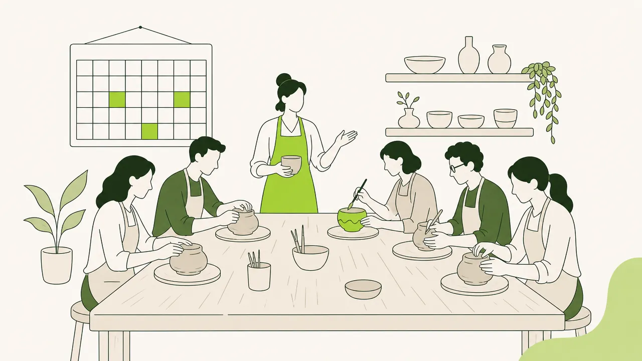 Un atelier de poterie : l’animatrice debout au bout d’une longue table où cinq participants façonnent et peignent des bols.