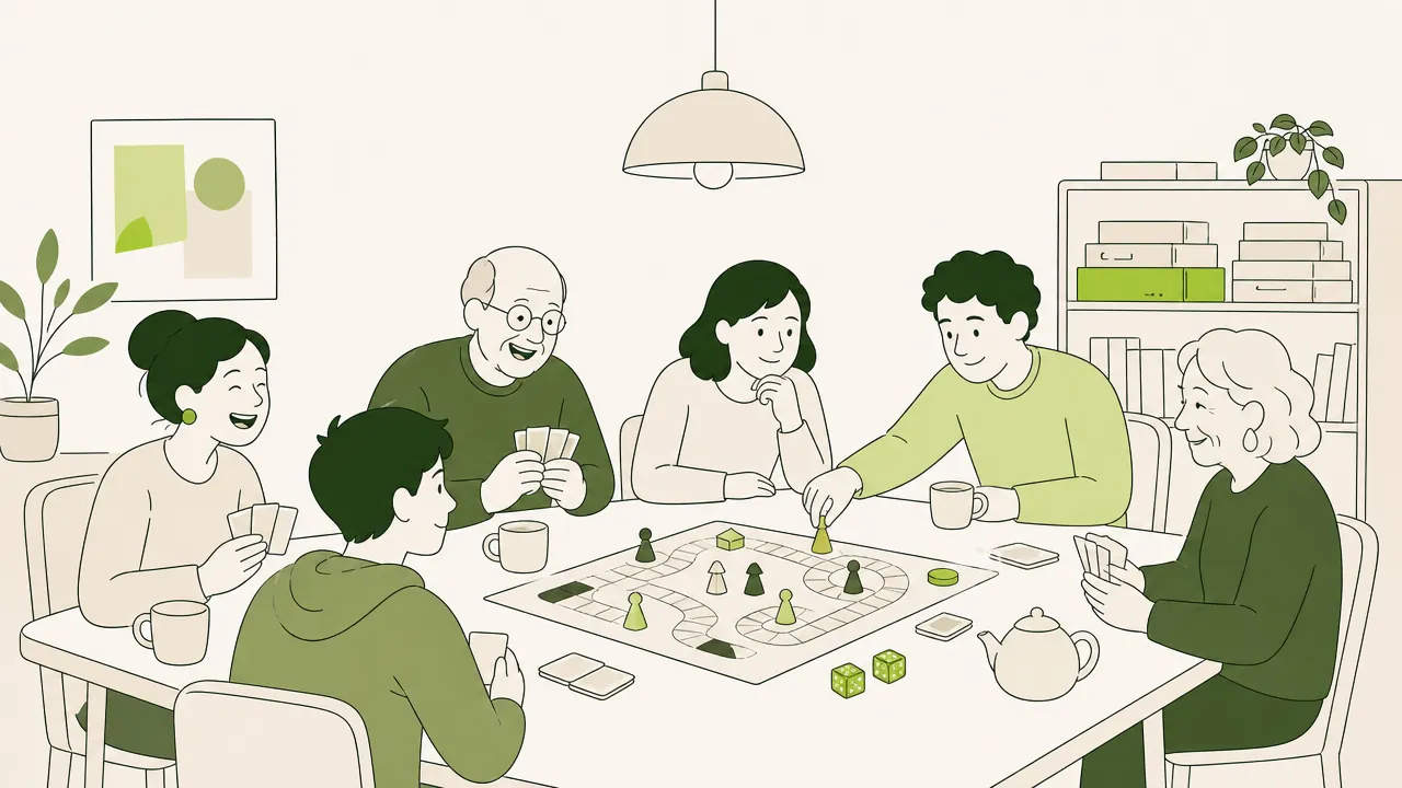 Une soirée jeux de société : six joueurs de tous âges autour d’un plateau, de cartes et de dés, sous une lampe chaleureuse.