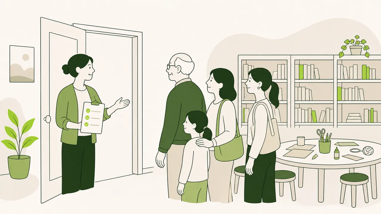 Dans une bibliothèque municipale, une bibliothécaire accueille des habitants à l’atelier, une liste de présence à la main.