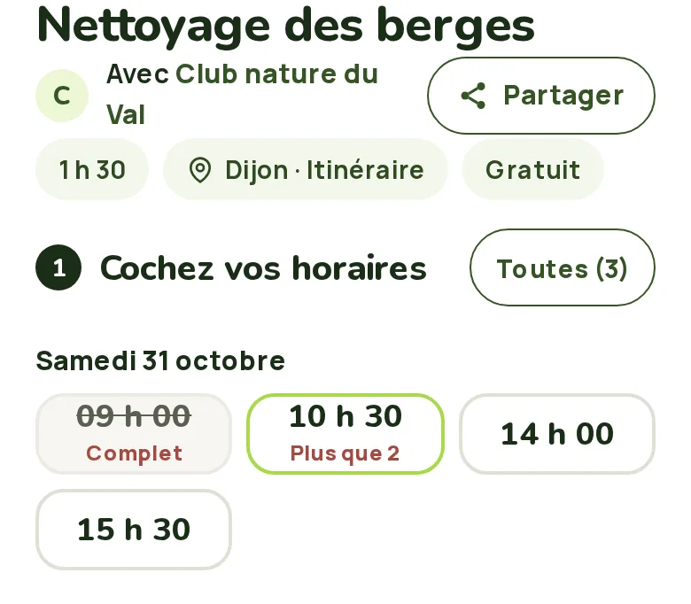 Page publique d’une action bénévole de nettoyage sur téléphone : quatre créneaux le même samedi, à cocher, dont un complet et un où il reste deux places.