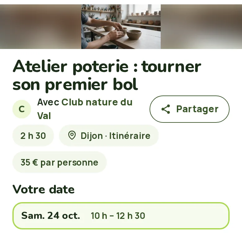 Page publique d’un atelier de poterie sur téléphone : la photo, la durée de deux heures et demie, le lieu, le prix par personne et la date.