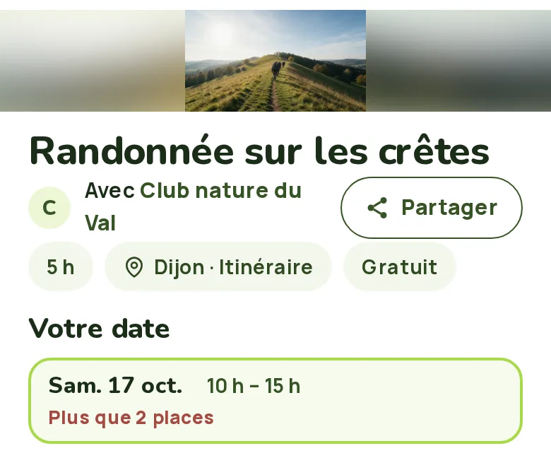 Page publique d’une sortie de randonnée sur téléphone : la photo, la durée, le lieu, la gratuité et la date, avec la mention « Plus que 2 places ».