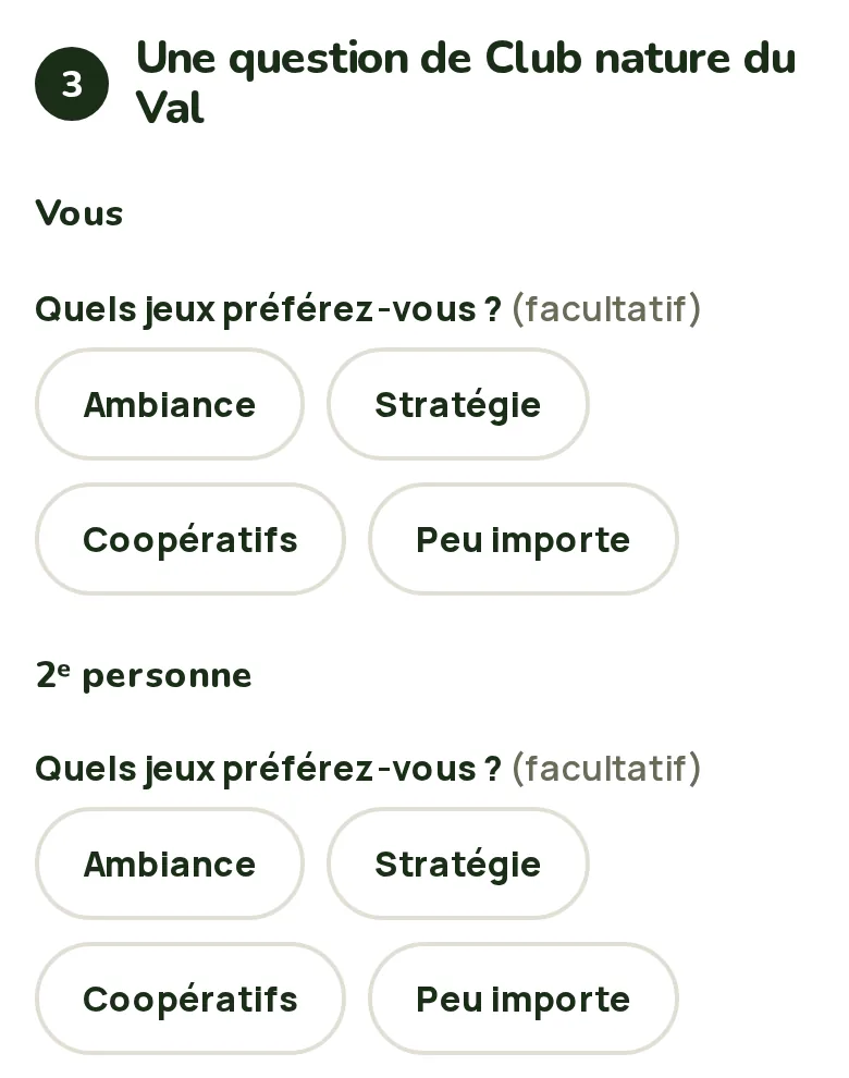 Formulaire de réservation d’une soirée jeux pour deux personnes : la question « Quels jeux préférez-vous ? » posée à chacune, avec quatre réponses possibles.